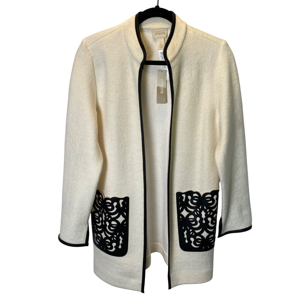Chico's Boiled Wool Topper Open Jacket Womens 0 Small White Black Layering Chic